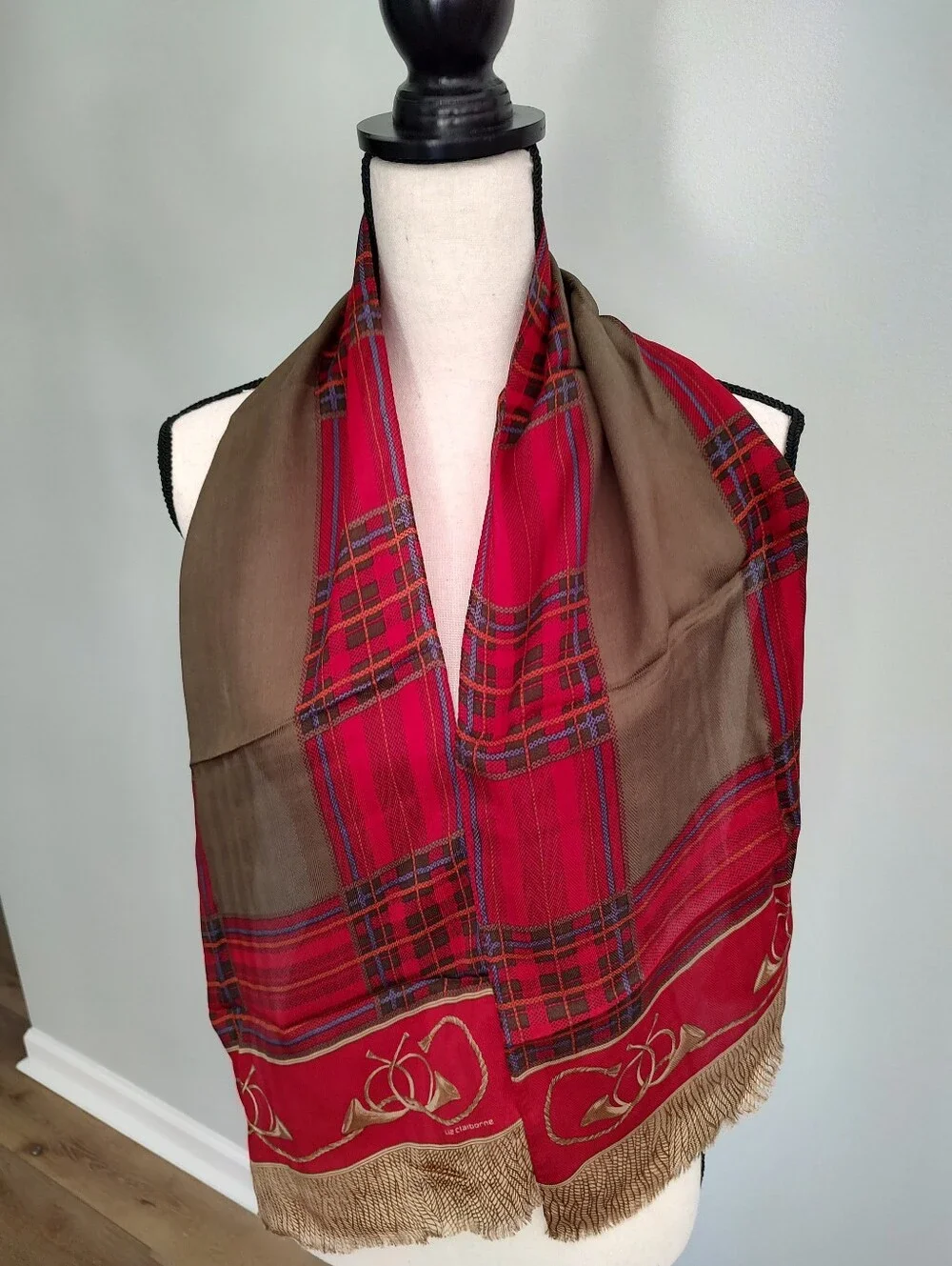 Vintage Liz Claiborne Japanese Silk Stole Scarf Equestrian Hunt Red Gold Horns